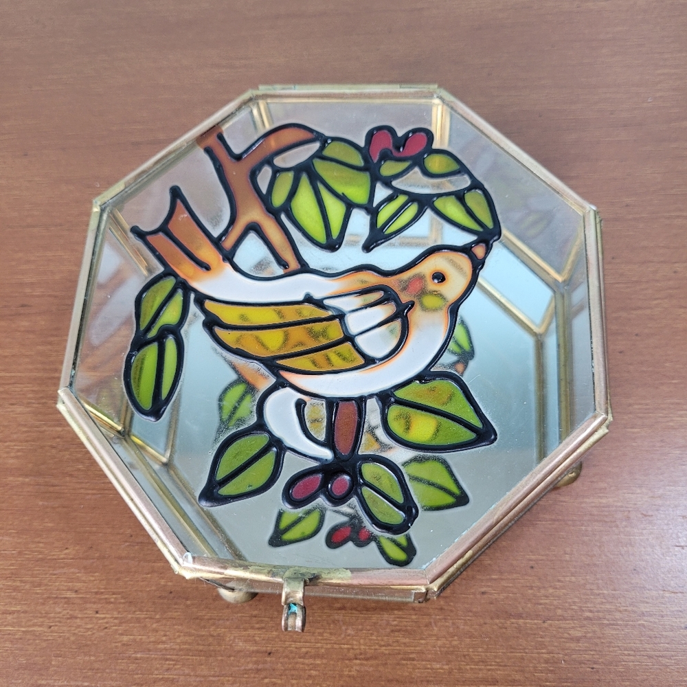 Stained Glass Bird Octagon Mirrored Hinged Lid Trinket Jewelry Box 1980s Taiwan